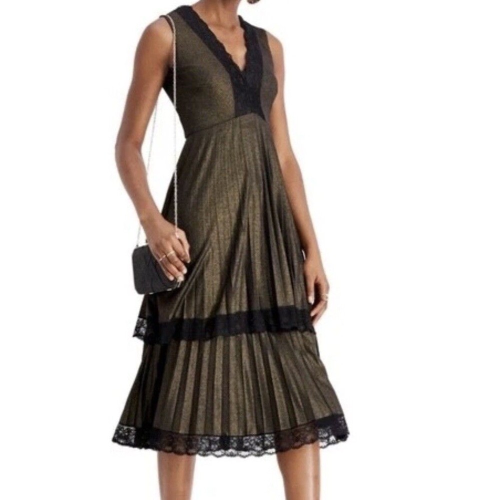 Taylor 10 V Neck Pleated Tiered Midi Dress Womens Sleeveless Metallic Lace Trim